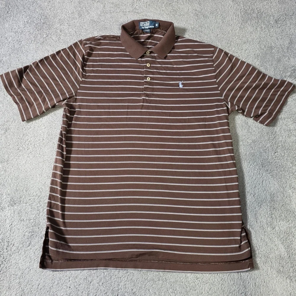 Polo Ralph Lauren Mens M Polo Shirt Brown Striped Pima Cotton Short Sleeve Pony